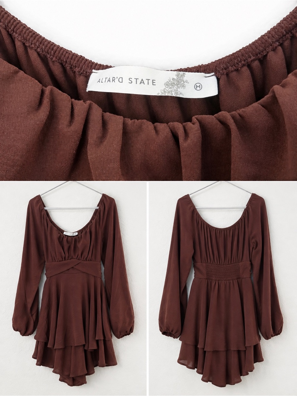 Altar'd State Chocolate Brown Tiered Long-Sleeve Mini Dress